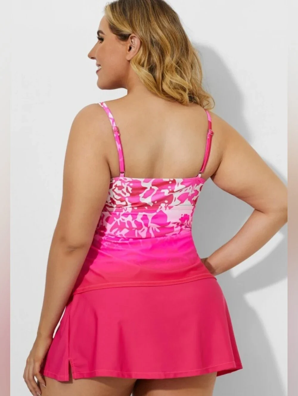 Plus Size Floral Pink Tie-Front Tankini Top & Skirt Swim Set